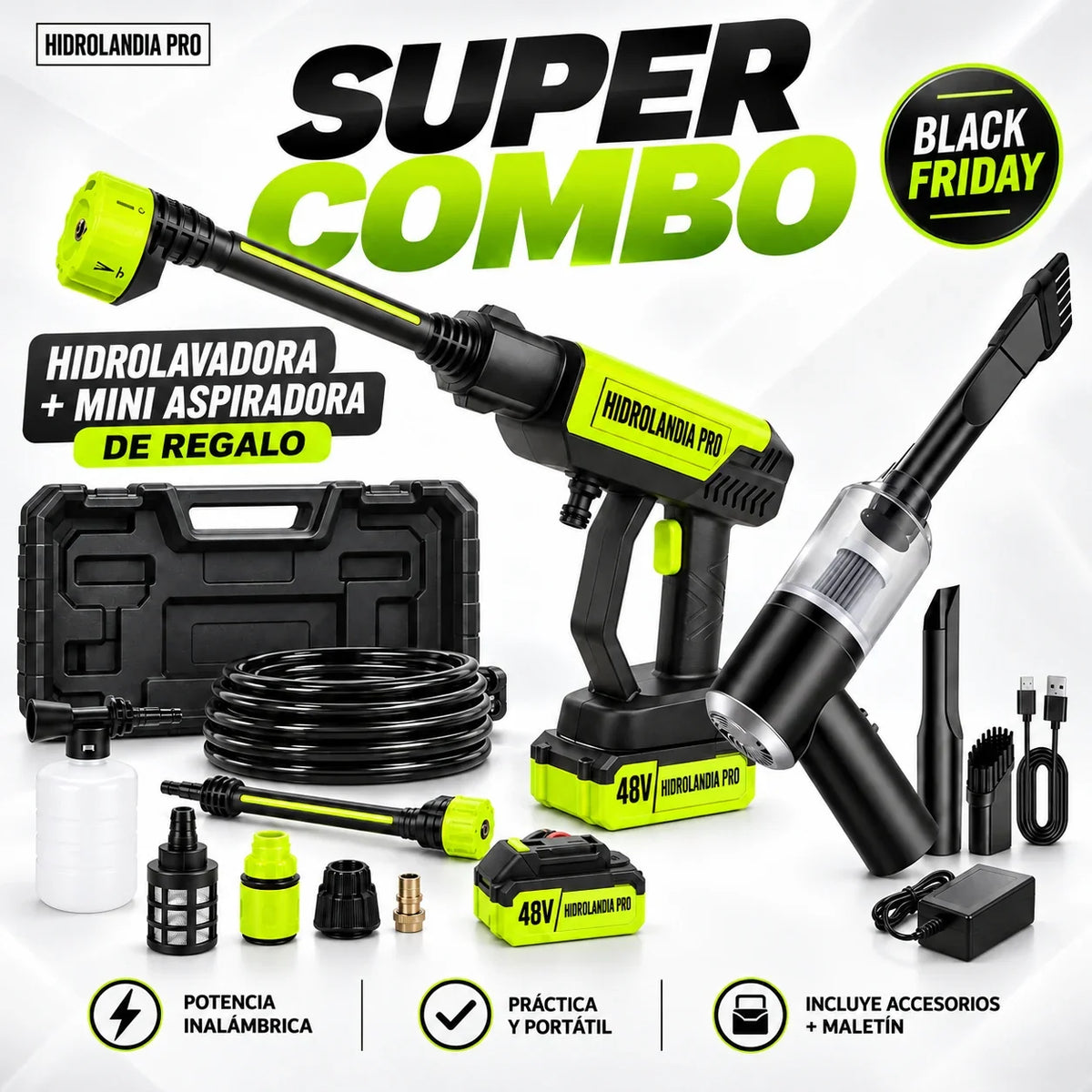 COMBO BLACK FRIDAY: Hidrolavadora + (Aspiradora Portátil + Doble Batería + Maletín)