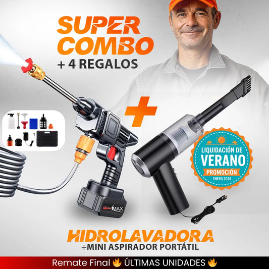 COMBO LIQUIDACIÓN DE VERANO: Hidrolavadora + (Aspiradora Portátil + Doble Batería + Maletín)